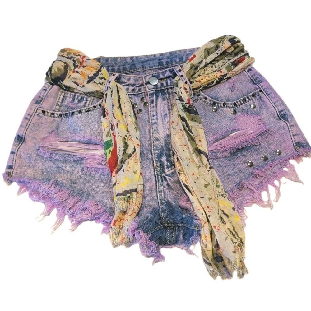 Shein Petite S Festival Coachella Distress Studded Denim Shorts Scarf  Tie OOAK